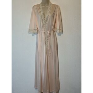 Vtg 60s Miss Elaine Long Robe Pale Pink Lace Trim Pockets‎ Small Tie Cottagecore